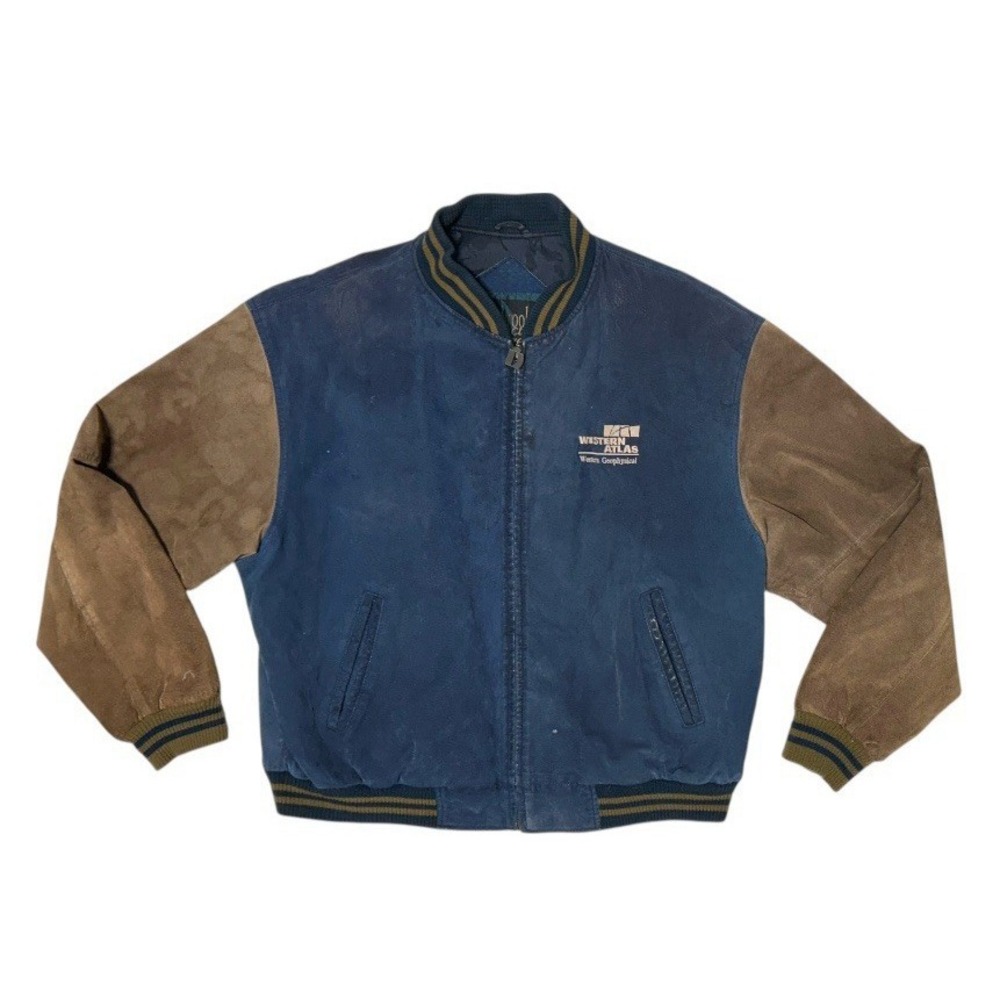 Vintage 90s Dunbrooke Two Tone Suede Varsity Bomber Jacket Navy Tan Sz XL